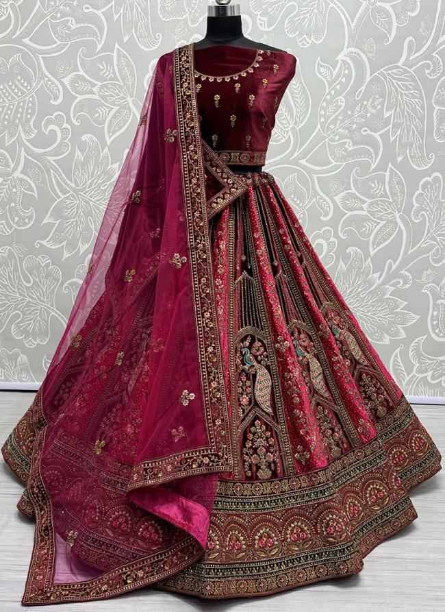 Velvet Maroon Bridal Wear Embroidery Work Lehenga Choli